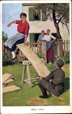 Ansichtskarte / Postkarte Frau und Soldat beim Wippen, Soldatenliebe, Hoch oben, Kaiserzeit