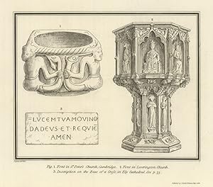 Ancient fonts in St. Peter's Church in Cambridge, and in Leverington Church, and inscription on t...