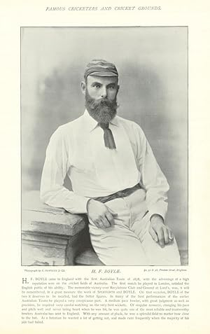 Imagen del vendedor de [Henry Frederick "Harry" Boyle. Medium pace bowler. Australia cricketer] Came to England with the first Australian Team of 1878, with the advantage of a high reputation won on the cricket fields of Australia. The first match he played in London, satisfied the English public of his ability. The memorable victory over Marylebone Club and Ground at Lord's, was, it will be remembered, in a great measure the work of SPOFFORTH and BOYLE. On that occasion, BOYLE of the two it deserves to be recalled, had the better figures. In many of the best performances of the earlier Australian Teams he played a very conspicuous part. A medium pace bowler, with great judgment as well as precision, he required very careful watching on the very best wickets. Of singular resource, changing his pace and pitch well and never losing heart when he was hit, he was quite one of the most reliable and trustworthy bowlers Australia has sent to England. With any amount of pluck, he was a splendid field no matter how c a la venta por Antiqua Print Gallery