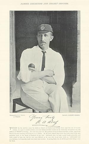 Seller image for [William Albert Woof. Left arm slow orthodox or fast bowler. Gloucestershire cricketer] Though for the last few years his duties as Coach at Cheltenham College have kept him out of County cricket, it is open to doubt whether even now Gloucestershire would not be materially strengthened by the addition of WOOF'S bowling. For some ten years he did yeoman service to Gloucestershire cricket, and at one time he was the mainstay of the Eleven as a bowler. At his best, indeed, there were few better men of his own particular style, in the South of England at any rate. Left-hand slow, he kept a good length generally, and with a pitch to help the ball he was very difficult, as he was able to get some work on. Left-handed also as a batsman, he frequently made runs when most wanted. In saving them, too, he did his part well, being a very fair field for sale by Antiqua Print Gallery