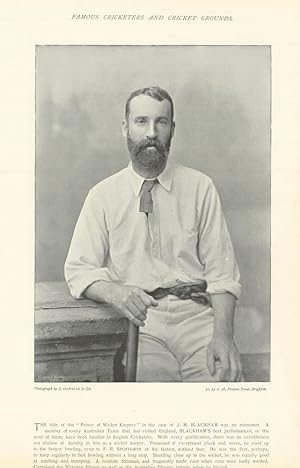 Immagine del venditore per [John McCarthy Blackham. Wicket-keeper. 1882 Ashes Test & 1st MCG Test. Australia cricketer] The title of the " Prince of Wicket Keepers " in the case of J. M. BLACKHAM was no misnomer. A member of every Australian Team that has visited England, BLACKHAM'S best performances, or the most of them, have been familiar to English Cricketers. with every qualification, there was no variableness nor shadow of turning in him as a wicket keeper. Possessed of exceptional pluck and nerve, he stood up to the fastest bowling, even to F.R. SPOFFORTH at his fastest, without fear, He was the first, perhaps, to keep regularly to fast bowling without a long stop. Standing close up to the wicket, he was equally good at catching and stumping, A resolute batsman, and, frequently made runs when were badly wanted. Captained the Victorian Eleven as well as the Australian Elevens Latterly when he played venduto da Antiqua Print Gallery