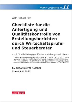 Seller image for Checkliste 11 fr die Anfertigung und Qualittskontrolle von Erstellungsberichten durch Wirtschaftsprfer und Steuerberater for sale by Rheinberg-Buch Andreas Meier eK