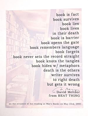 DAVID MELTZER **SIGNED** BROADSIDE POEM about BOOKS - Read at MOE'S BOOKS