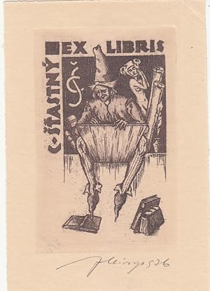 Imagen del vendedor de Ex Libris C. Stastny. Schreibender mit Spitzhut und Frauenakt. a la venta por Antiquariat  Braun