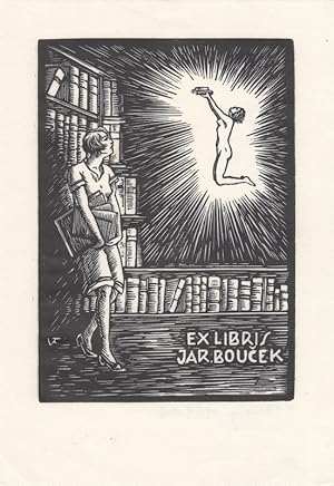 Imagen del vendedor de Ex Libris Jar. Boucek. Frau mit Bchern, in Bibliothek stehend und zu strahlendem schwebendem weiblichen Akt sehend. a la venta por Antiquariat  Braun