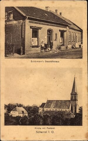 Seller image for Ansichtskarte / Postkarte Scharrel Saterland Niedersachsen, Kirche und Pastorel, Schrmann's Geschftshaus for sale by akpool GmbH