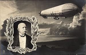 Ansichtskarte / Postkarte Luftschiff im Flug, Portrait Graf Zeppelin, Lorbeerkranz