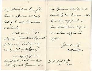 Bild des Verkufers fr ['What are we to do with our "monstrous Regiment" of Women?': Sir Charles Trevelyan, Liberal politician.] Autograph Letter Signed, to W. A. Lock, giving his views on women and  German Immigrants . zum Verkauf von Richard M. Ford Ltd