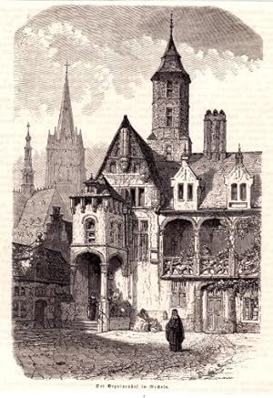 Image du vendeur pour Der Beguinenhof in Mecheln. Holzstich aus einer illustrierten Zeitschrift, Rckseite mit Text. mis en vente par Antiquariat Heinz Tessin