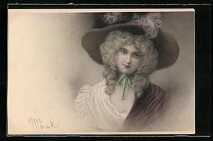 Seller image for Knstler-Ansichtskarte Wichera: Junge Dame mit Locken, opulentem Hut und grner Kinnschleife for sale by Bartko-Reher