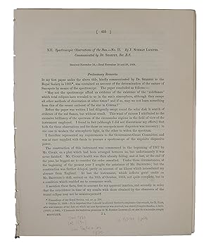 Bild des Verkufers fr Spectroscopic Observations of the Sun.- No. II. Received November 19,- Read November 19 and 26, 1868. (With additional notes Nov. 26, April 9, 1869, Oct. 10, 1869). zum Verkauf von Lynge & Sn ILAB-ABF