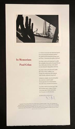 Bild des Verkufers fr In Memoriam Paul Celan [Signed Limited Edition Poetry Broadside] zum Verkauf von Long Brothers Fine & Rare Books, ABAA