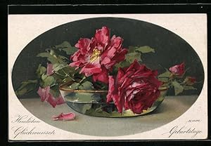 Bild des Verkufers fr Knstler-Ansichtskarte Catharina Klein: Rote Rosenblten verwelken langsam in einer Schale zum Verkauf von Bartko-Reher