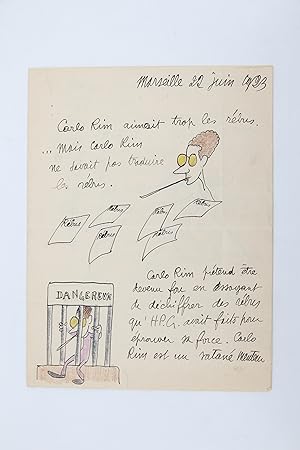 Humoristique lettre autographe signée à son grand ami Carlo Rim enrichie de trois dessins origina...
