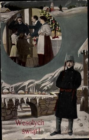 Ansichtskarte / Postkarte Glückwunsch Weihnachten, Wesolych swiat, Soldat in Uniform, Tannenbaum