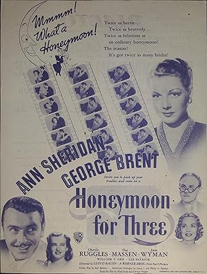 Seller image for Honeymoon for Three Herald 1941 Ann Sheridan, George Brent, Charles Ruggles for sale by AcornBooksNH