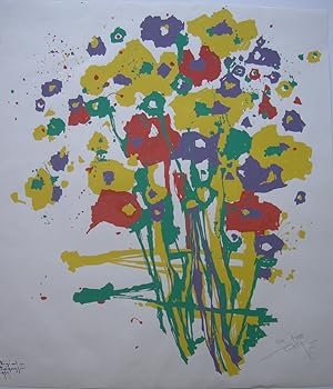 Bild des Verkufers fr Blumenstilleben in Gelb, Grn, Rot und Lila. zum Verkauf von Antiquariat Werner Steinbei