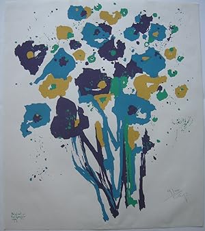 Bild des Verkufers fr Blumenstilleben in Gelb, Grn, Lila und Blau. zum Verkauf von Antiquariat Werner Steinbei