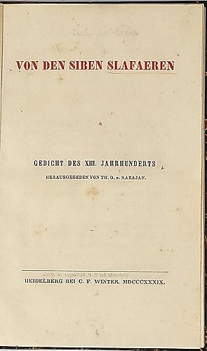 Bild des Verkufers fr Von den siben Slafaeren. Gedicht des XIII. Jahrhunderts. zum Verkauf von Antiquariat Franz Siegle