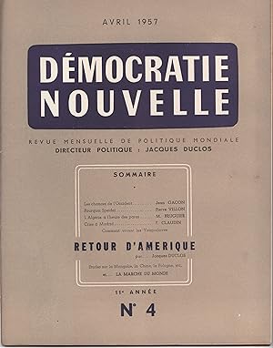 Seller image for Retour d'Amrique. Dmocratie Nouvelle. Revue mensuelle de politique mondiale. Avril 1957. 11e anne, n 4. for sale by Librairie Franoise Causse