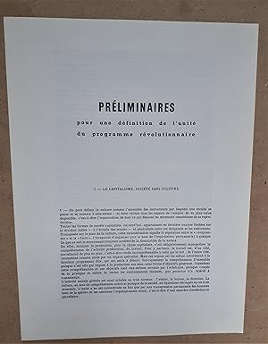Bild des Verkufers fr PRELIMINAIRES pour une dfinition de l'unit du programme rvolutionnaire zum Verkauf von GUEIT (Jean-Paul)