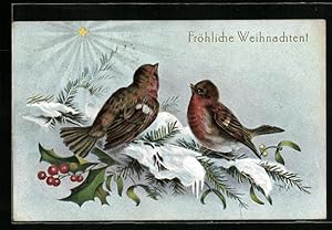 Imagen del vendedor de Knstler-Ansichtskarte Zwei Singvgel auf schneebedecktem Tannenzweig, Weihnachtsgruss a la venta por Bartko-Reher