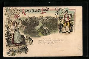 Lithographie Schweiz, Appenzeller Land, Appenzeller in Tracht