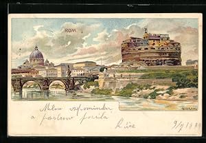 Künstler-Ansichtskarte Richard Hegedüs-Geiger: Rom, Panorama der Stadt mit Brücke und Pantheon