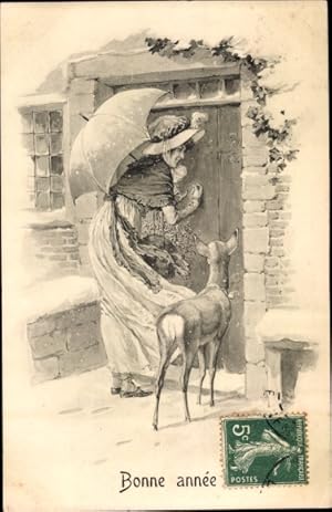 Ansichtskarte / Postkarte Glückwunsch Neujahr, Frau klopft an eine Tür, Reh