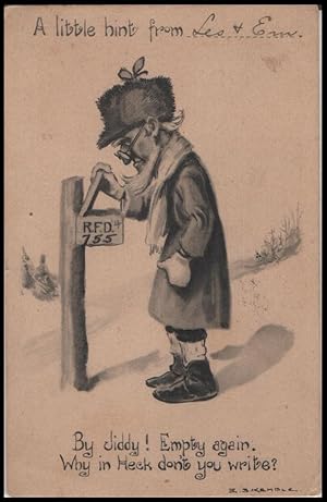 Imagen del vendedor de winter mailbox postcard: By Diddy! Empty again! Why the Heck Don't You Write? a la venta por Mobyville