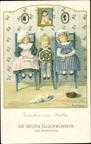 Künstler Ansichtskarte / Postkarte Ebner, Pauli, Junge mit Blumenstrauß zwischen zwei Mädchen, St...