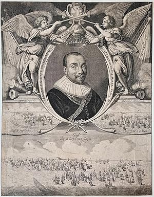 [Antique portrait print, engraving] Maerten Harpertsz. Tromp (1598-1653) and the seabattles of Du...