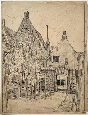 [Modern drawing, black chalk] Houses and their backyards (tekening van huizen en achtertuinen), c...
