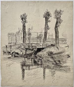 [Modern drawing, black chalk] Five drawings of trees by the water, ca. 1920-1940, 5 pp.
