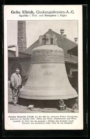 Bild des Verkufers fr Ansichtskarte Apolda i. Thr., Meister Heinrich Ulrich mit der Domglocke zu Apolda 1923 zum Verkauf von Bartko-Reher