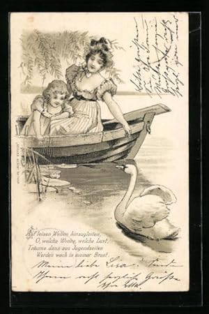 Bild des Verkufers fr Prge-Ansichtskarte Zwei Mdchen im Boot begegnen einem Schwan zum Verkauf von Bartko-Reher