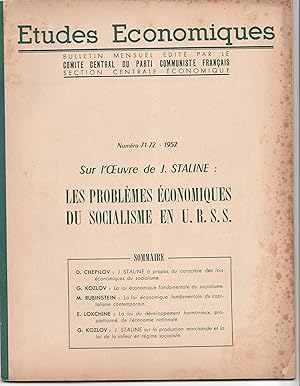 Imagen del vendedor de Sur l'Oeuvre de J. Staline : Les problmes conomiques du socialisme en U.R.S.S. Etudes conomiques. N 71/72. 1952. Bulletin mensuel dit par le Comit central du Parti communiste franais. Section centrale conomique. a la venta por Librairie Franoise Causse