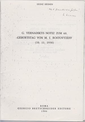 Immagine del venditore per G. Vernadskys Notiz zum 60. Geburtstag von M. I. Rostovtzeff (10. 11. 1939). [Aus: Studien zur Alten Geschichte, Siegfried Lauffer zum 70. Geburtstag am 4. August 1981, Bd. 2]. venduto da Fundus-Online GbR Borkert Schwarz Zerfa