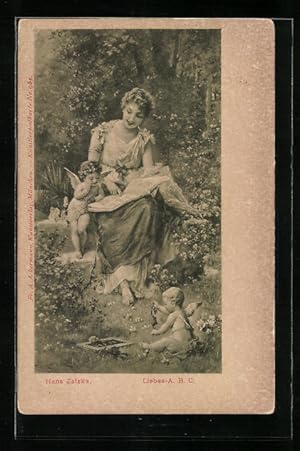 Bild des Verkufers fr Knstler-Ansichtskarte Hans Zatzka: Liebes-A. B. C., Frau und Engel lesen in einem Buch, kleiner Engel spielt vor ihnen zum Verkauf von Bartko-Reher