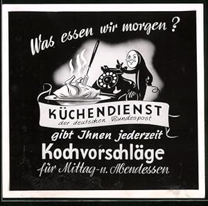 Fotografie Reklame Küchendienst der deutschen Bundespost, vermenschlichtes Telefon