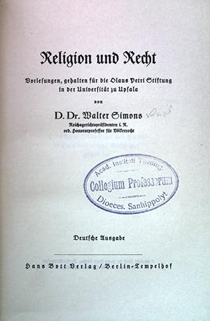 Bild des Verkufers fr Religion und Recht: Vorlesungen, gehalten fr die Olaus Petri Stiftung in der Universitt zu Upsala. zum Verkauf von books4less (Versandantiquariat Petra Gros GmbH & Co. KG)