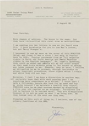 Typed letter signed from author John D. MacDonald to Mystery Writers of America President Dorothy...