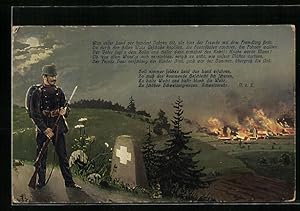 Bild des Verkufers fr Ansichtskarte Schweizer Soldat mit Gewehr nachts vor brennender Stadt zum Verkauf von Bartko-Reher
