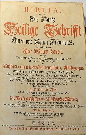 Bild des Verkufers fr Biblia, das ist die ganze Heilige Schrift Alten und Neuen Testamentes, berteutschet durch D. Martin Luthers (1798) zum Verkauf von Rose City Books