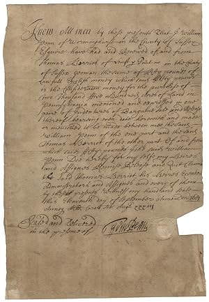 William Penn Sells Land in Pennsylvania to English Yeoman in 1681