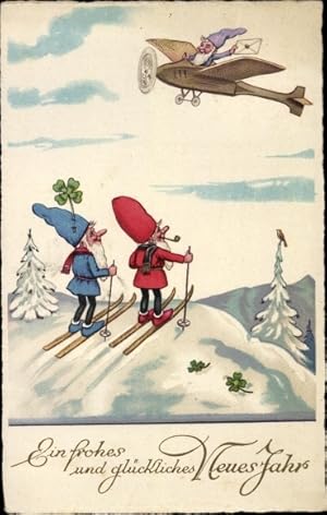 Künstler Ansichtskarte / Postkarte Baumgarten, Fritz, Glückwunsch Neujahr, Zwerge auf Skiern und ...