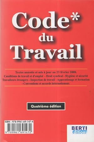 Image du vendeur pour Code du travail annots et mis  jour au 23 fvrier 2008 Quatrime dition mis en vente par Librairie L'Amour du Livre