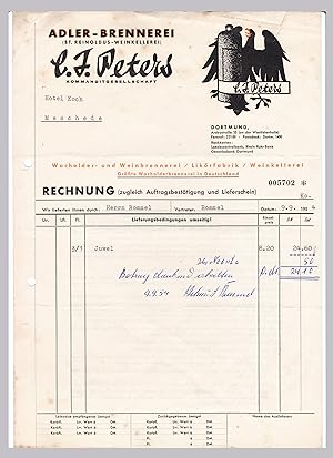 Rechnung C. J. Peters Adler-Brennerei Dortmund 1954 Wacholder- u. Weinbrennerei