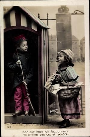 Ansichtskarte / Postkarte Junge in französischer Uniform, Mädchen, Bonjour mon joli factionnaire