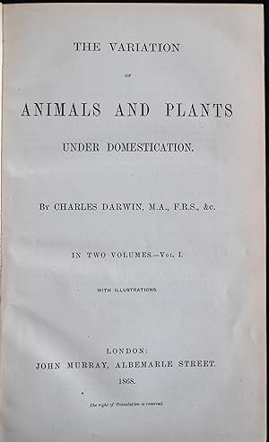 Bild des Verkufers fr The Variation of Animals and Plants under Domestication. zum Verkauf von Rodger Friedman Rare Book Studio, ABAA